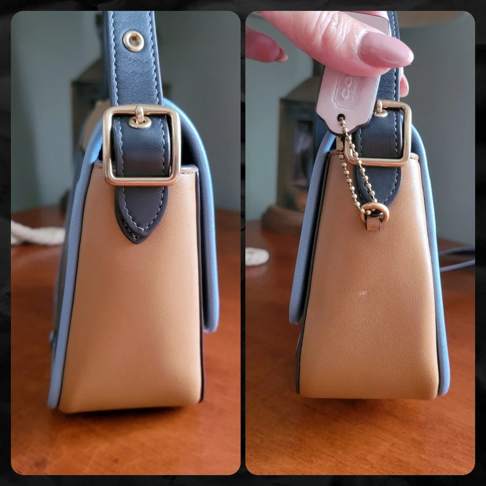 Coach 89126 Rambler 16 Colorblock Tan Blue Pink Leather Crossbody Bag